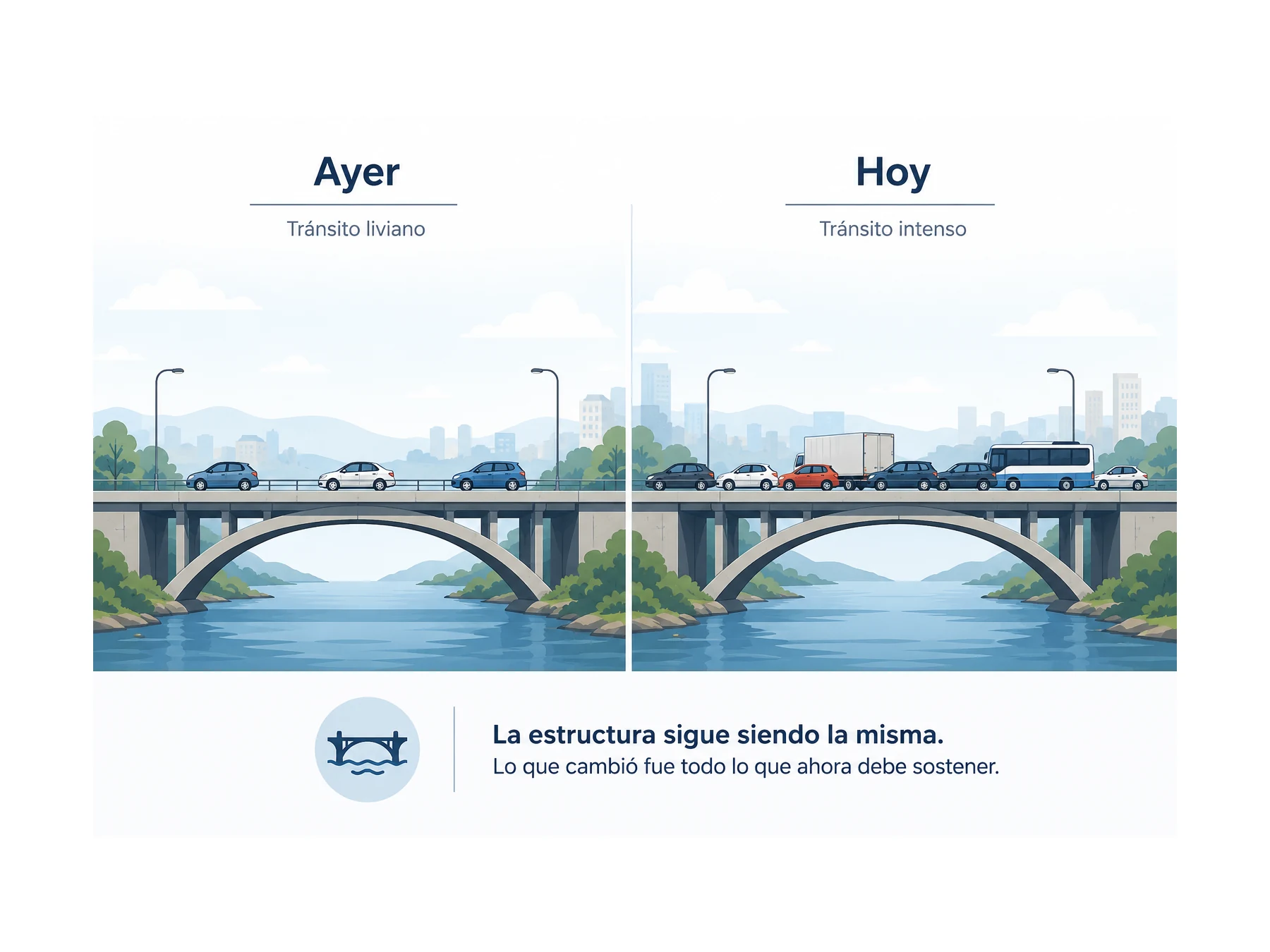 El mismo puente soportando primero un tránsito liviano y luego un flujo mucho más intenso, representando cómo una estructura correcta enfrenta nuevas exigencias a medida que aumenta la carga.